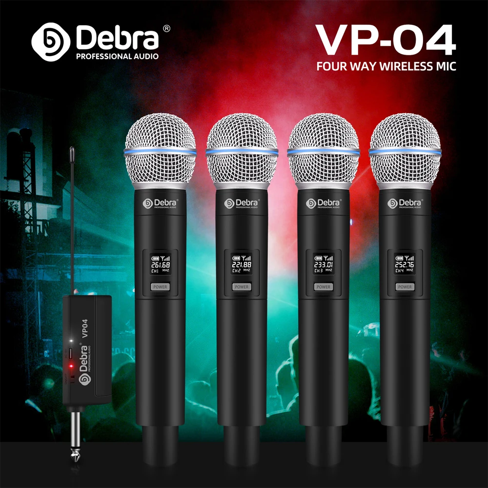 

Debra VP-01/02/04 Wireless Microphone 4-Channel System Handheld Mics Built-in Lithium Battery Rechargeable For Karaoke School
