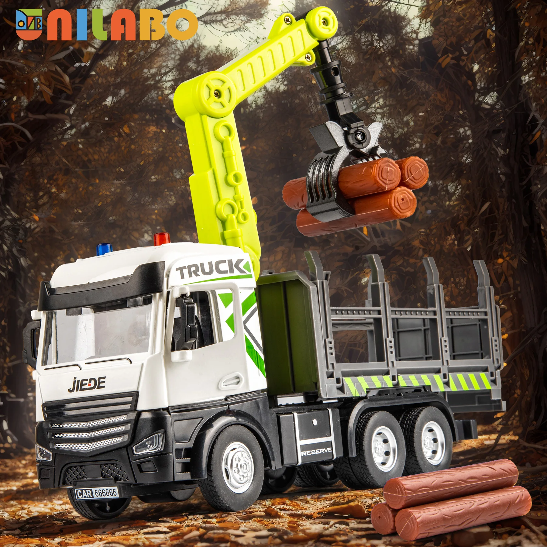 Alloy 1:40 Log Truck with Log Claw - Inertia Powered, Lights Sounds, Rotating Stand -  Perfect Toy Gift for Boys Girls 3+