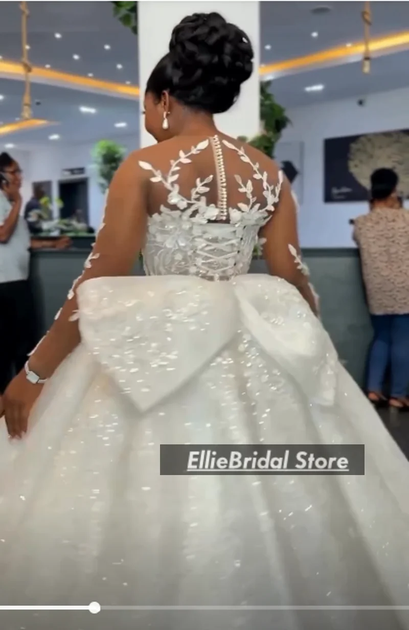 African Ball Gown Wedding Dresses For Brides Sheer Neck Lace Bridal Gowns Long Sleeve Beading Vestido De Noiva 2025 Customized image 4