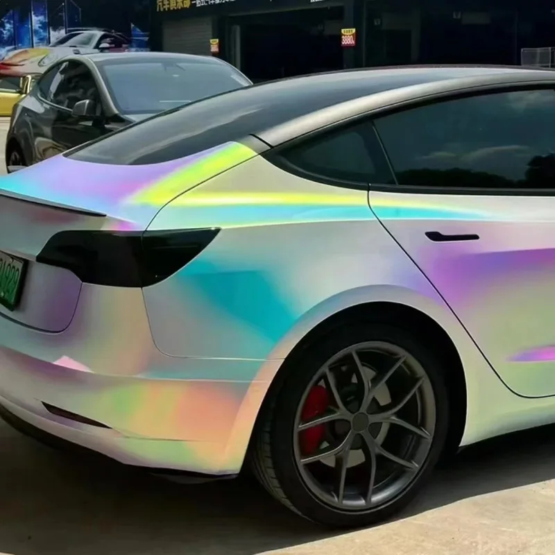 PET Iridescent Chrome Matte Rainbow White Vinyl Wrap Roll Self Adhesive Sticker Decal Air Release Motorcycle Car Wrapping Film view 3