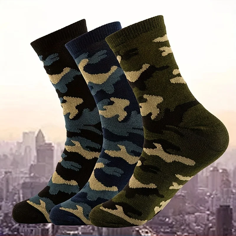 3 Pairs of Men's Camouflage Mid-calf Socks, Suitable for Autumn and Winter Outdoor Hiking, Durable and Breathable Sports Socks