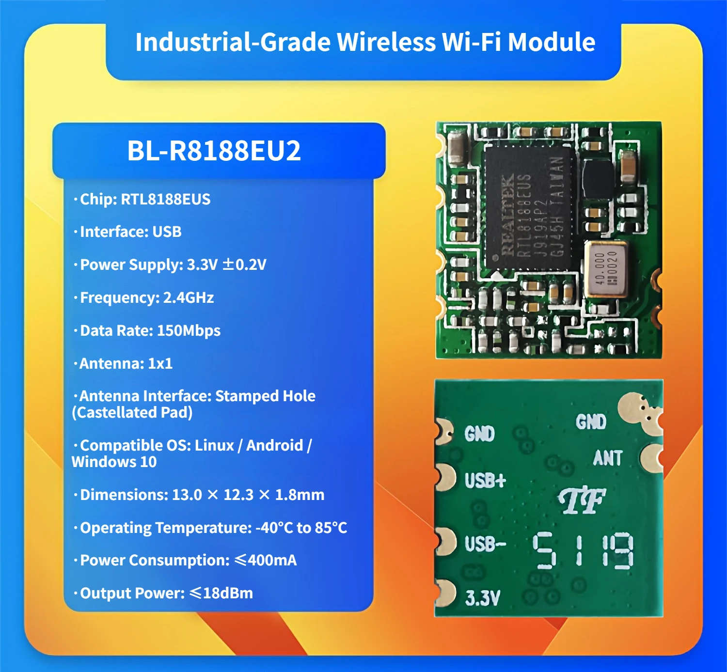 2PCS BL-R8188EU2 Industrial Grade 2.4G WiFi Module RTL8188EUS Realtek Chip USB Video Transmission for Drone/Video Surveillance