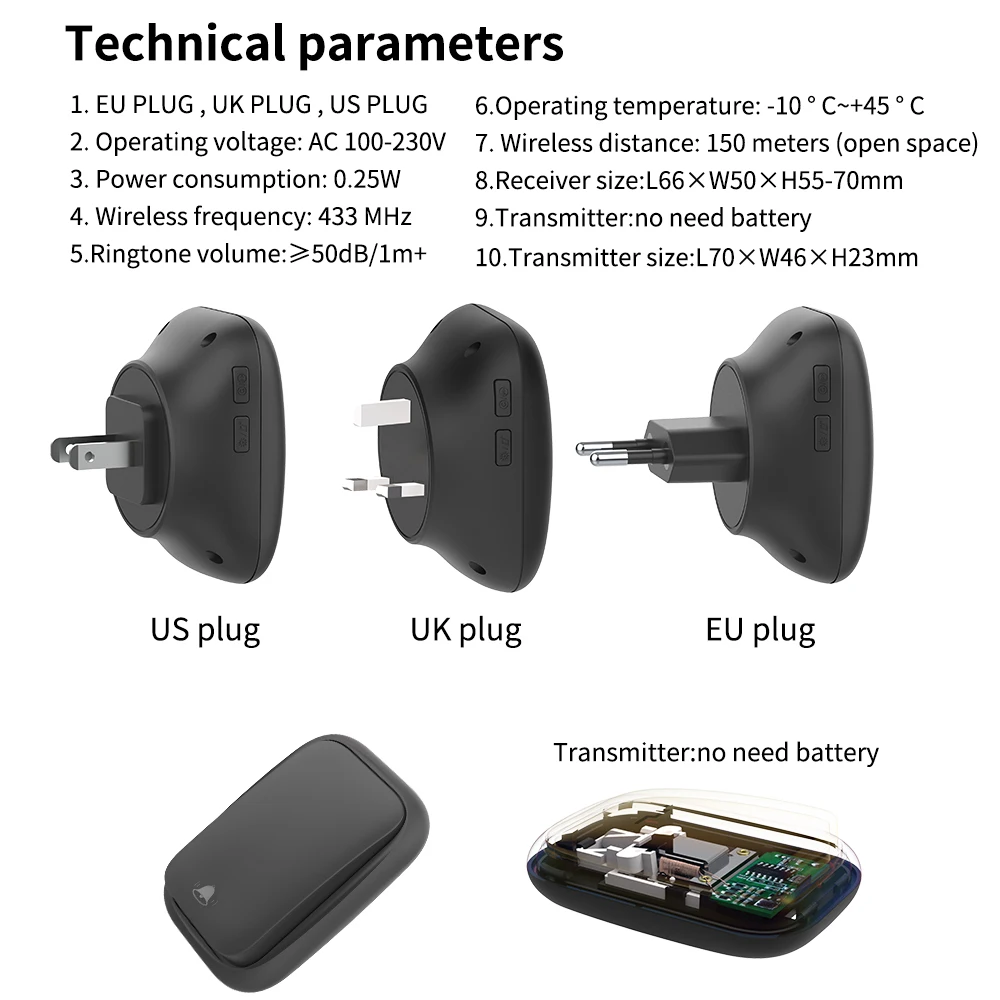 Wireless Doorbell US EU UK Plug Self-powered Waterproof outdoor ring Door Bell Home Welcome Door Chimes doorbell