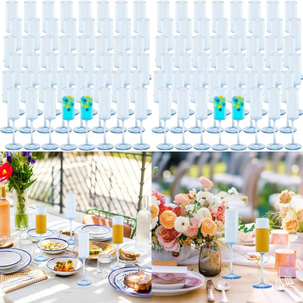 

6oz Blue Ribbed Plastic Champagne Flutes Set of 48 for Weddings and Parties