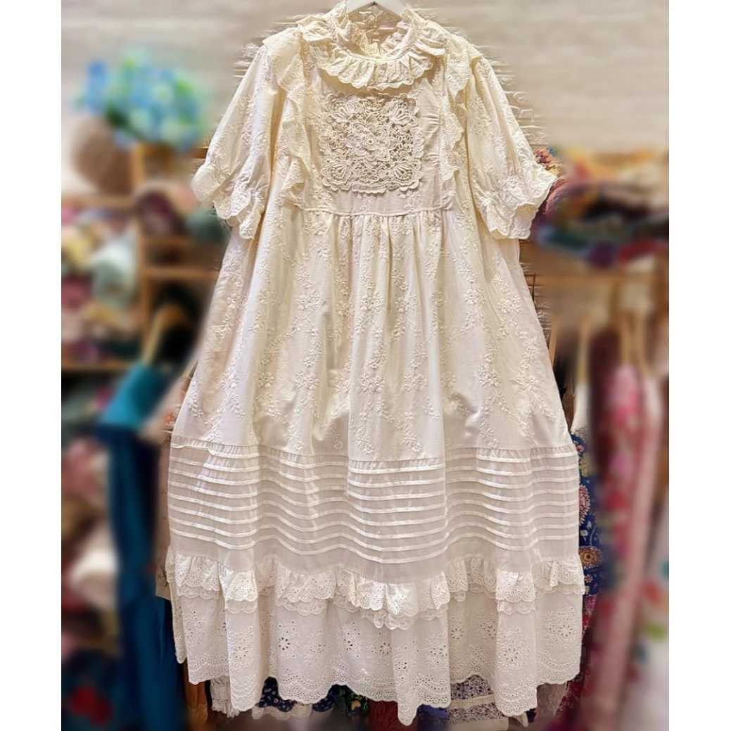 

Vintage Rococo Victorian Ruffled Lace Floral Long Midi Dress Summer Retro Cotton Linen Mori Girl Cottagecore White Tunic Dress