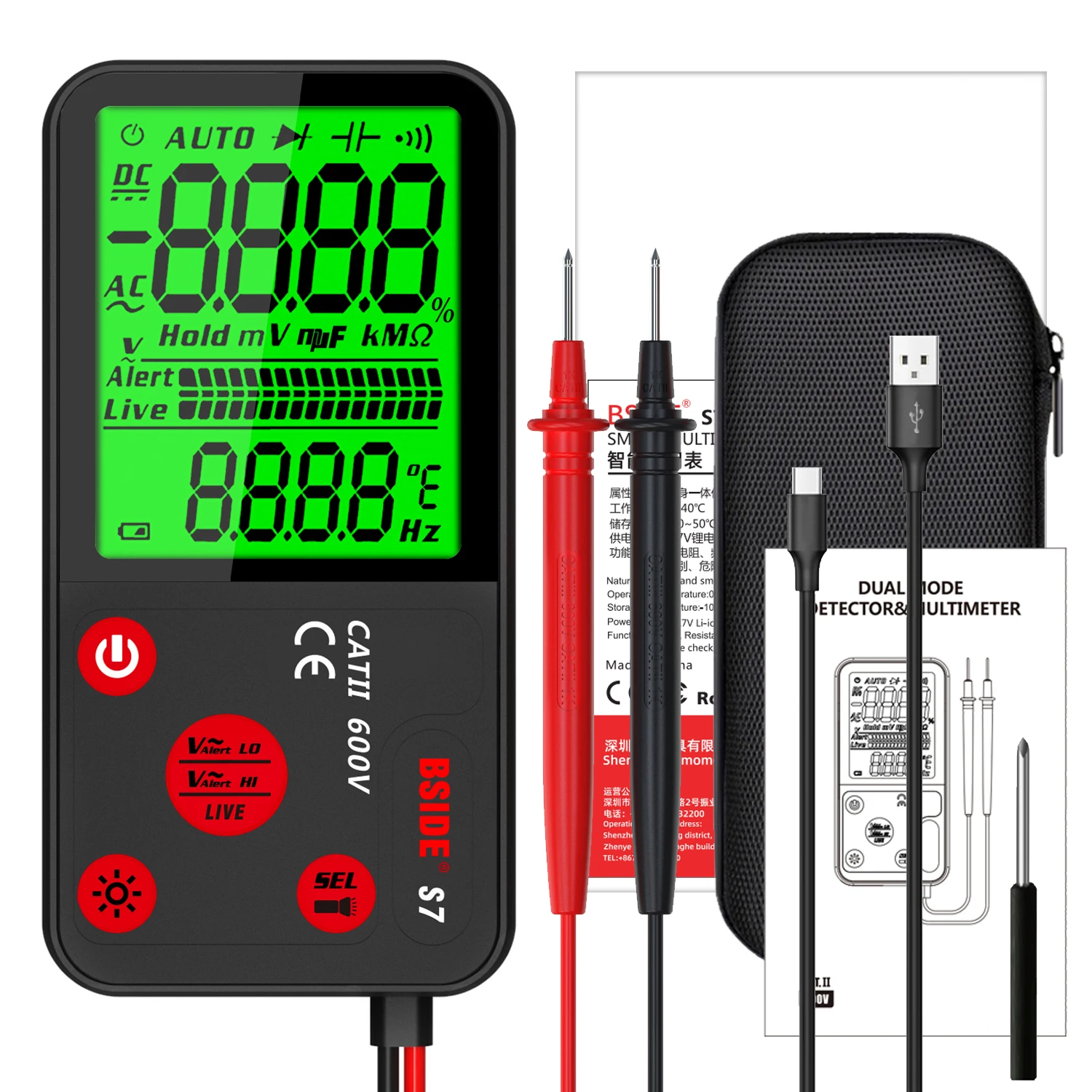 Portable Digital Multimeter BSIDE S7 LCD Display DC AC Voltmeter Capacitance Diode NCV Ohm Live Continuity Hz Tester