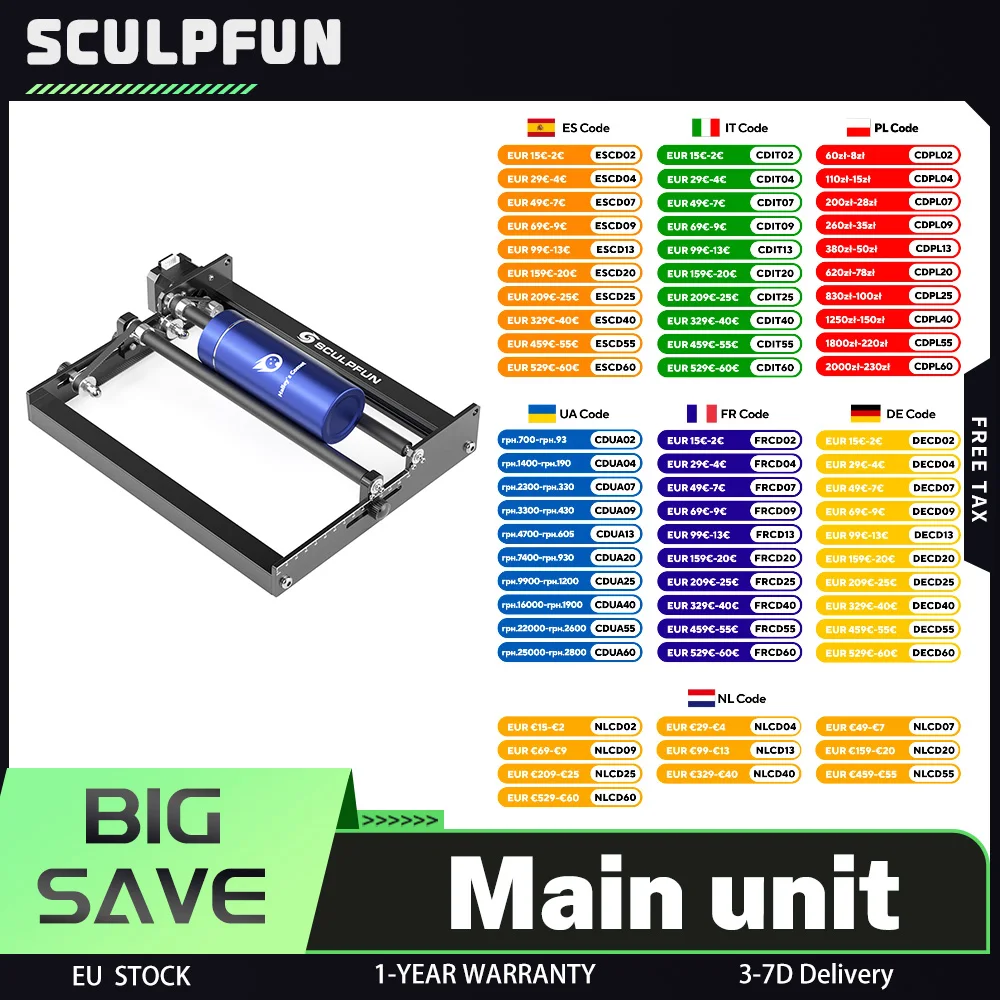 Sculpfun Laser rouleau rotatif graveur Laser axe Y rotatif avec 360 ° Rotation pour la gravure laser des canettes d'objets cylindriques