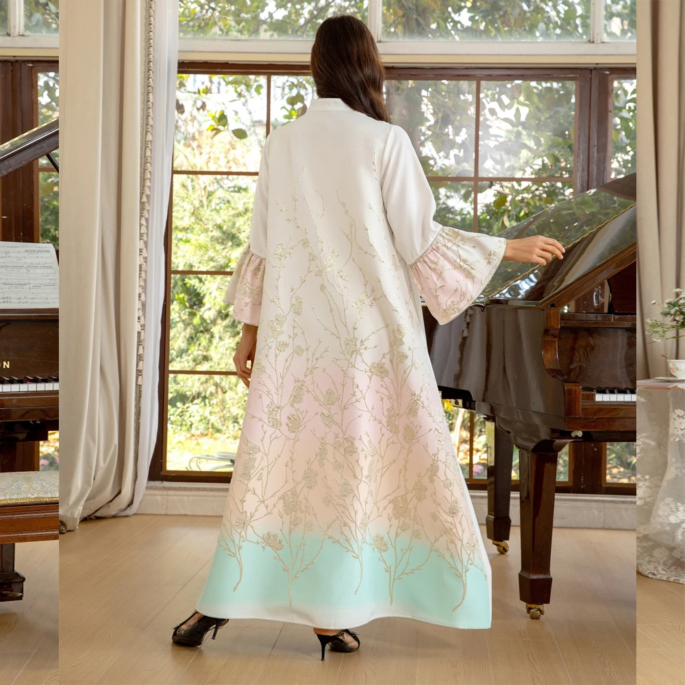 무슬림 여성 자수 옴브레 프린트 긴 원피스 아바야 두바이 터키 카프탄 이슬람 자랄라비야 로브, 파티 가운 아바야스, 2025 신상 패션