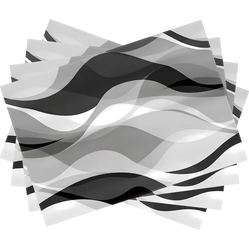 Black Grey Abstract Wave Print Rectangular Placemats  Modern Minimalist Art Style Dining Table Decor Table Mats 4/6/8PCS