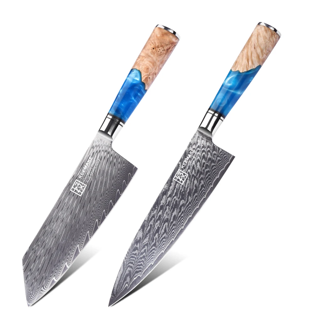 

KEEMAKE 2pcs Damascus Steel Chef Kitchen Cooking Knife Set 7'' Cleaver Santoku Japanese Style Slicer Mincing Fruit Accessory