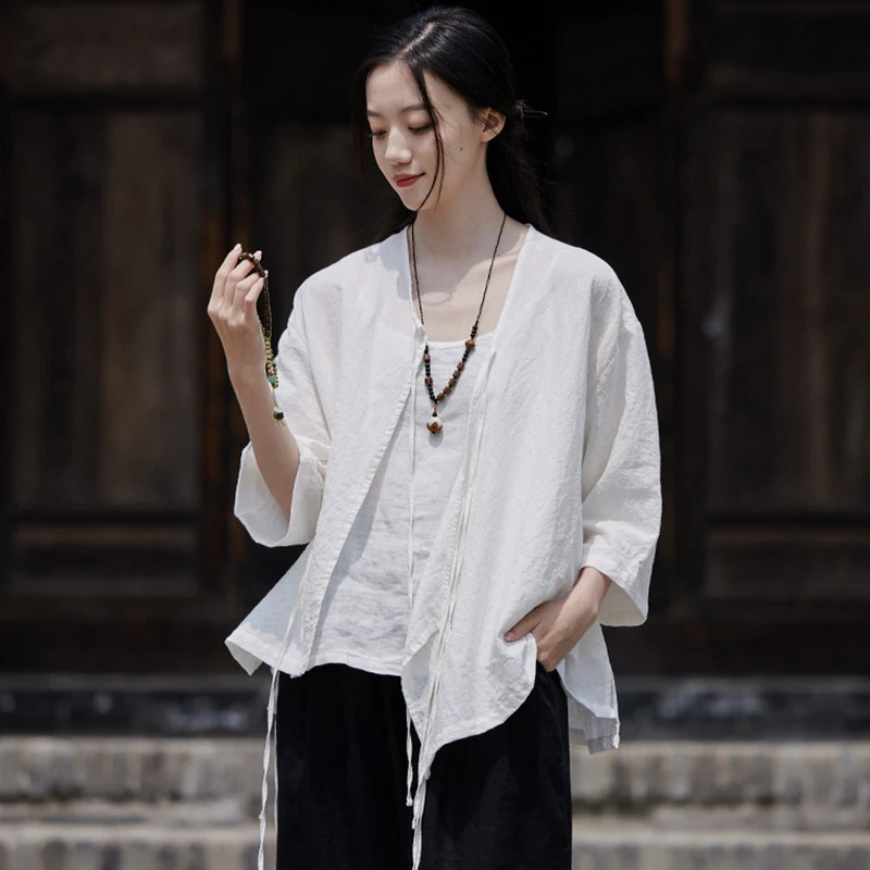 女性用リネンとコットンのカジュアルシャツ,Vネック,無地,ルーズフィット,中国製,新品,夏,2019, m601