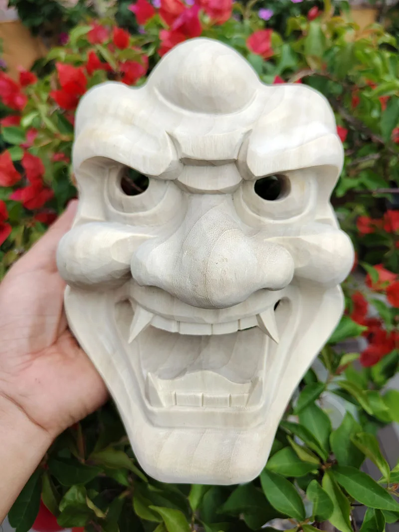 QH034 - 22.5 X 16.5 X 9.6 cm Hand Carved Camphor Wood Japanese Noh Lion Monster Mask