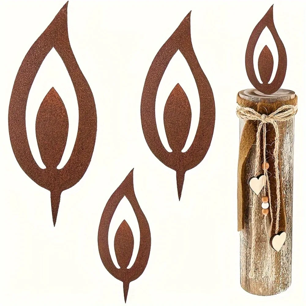 3 Piece Rustic Christmas Garden Insert Sign Set with Metal Candle Flame Silhouette Outdoor Holiday Decor, Weatherproof Lawn Art
