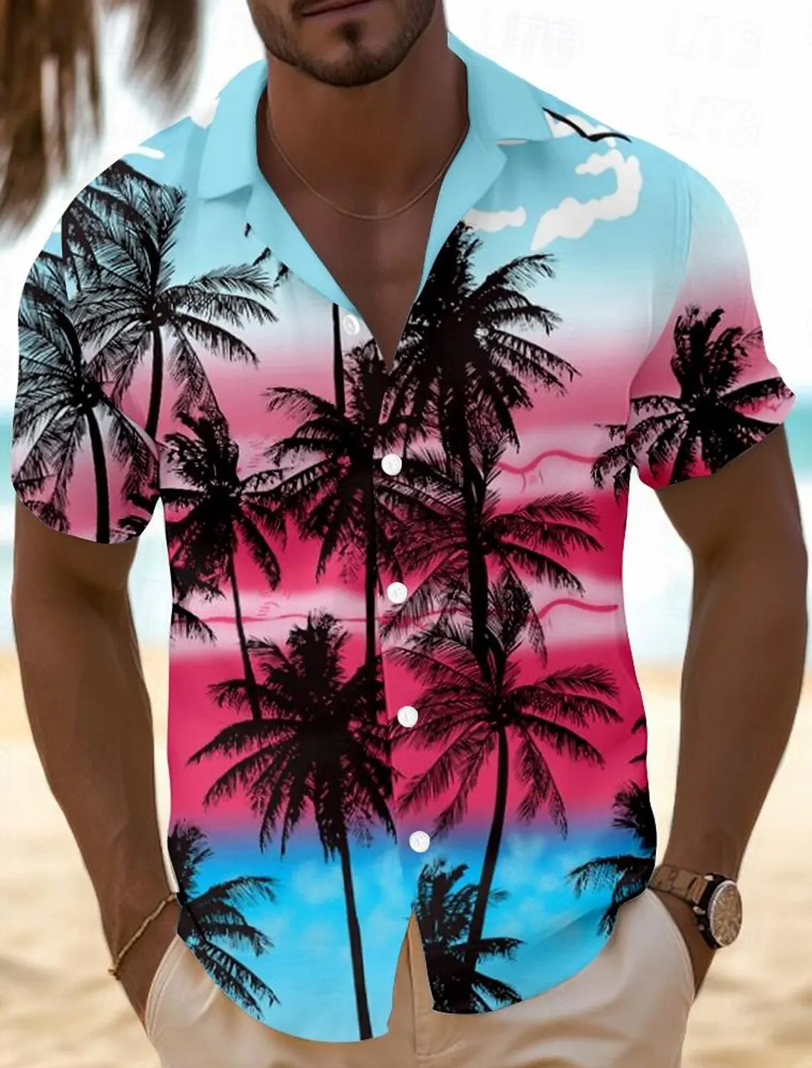 Coconut Tree Palm Tree Surfing Men\'s Summer Hawaiian Shirt Outdoor Street Casual Summer  Turndown Short Sleeve Polyester Shirt