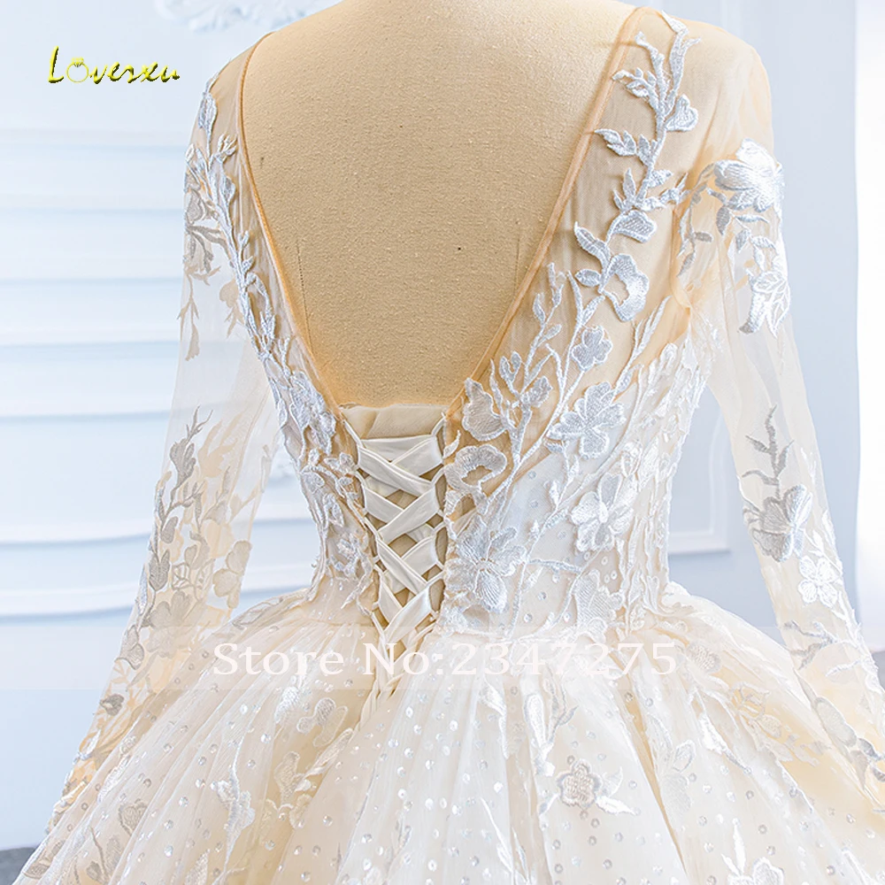 Loverxu-vestidos de noiva princesa, vestido de baile com o pescoço, manga comprida, apliques lindos, túnica de lantejoulas, 2024