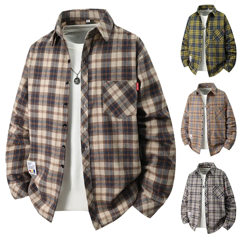 Retro-Gitter-Overshirt für Herren mit Knopfverschluss, Reverskragen, Brusttasche, Leichtes Allwetter-Freizeithemd