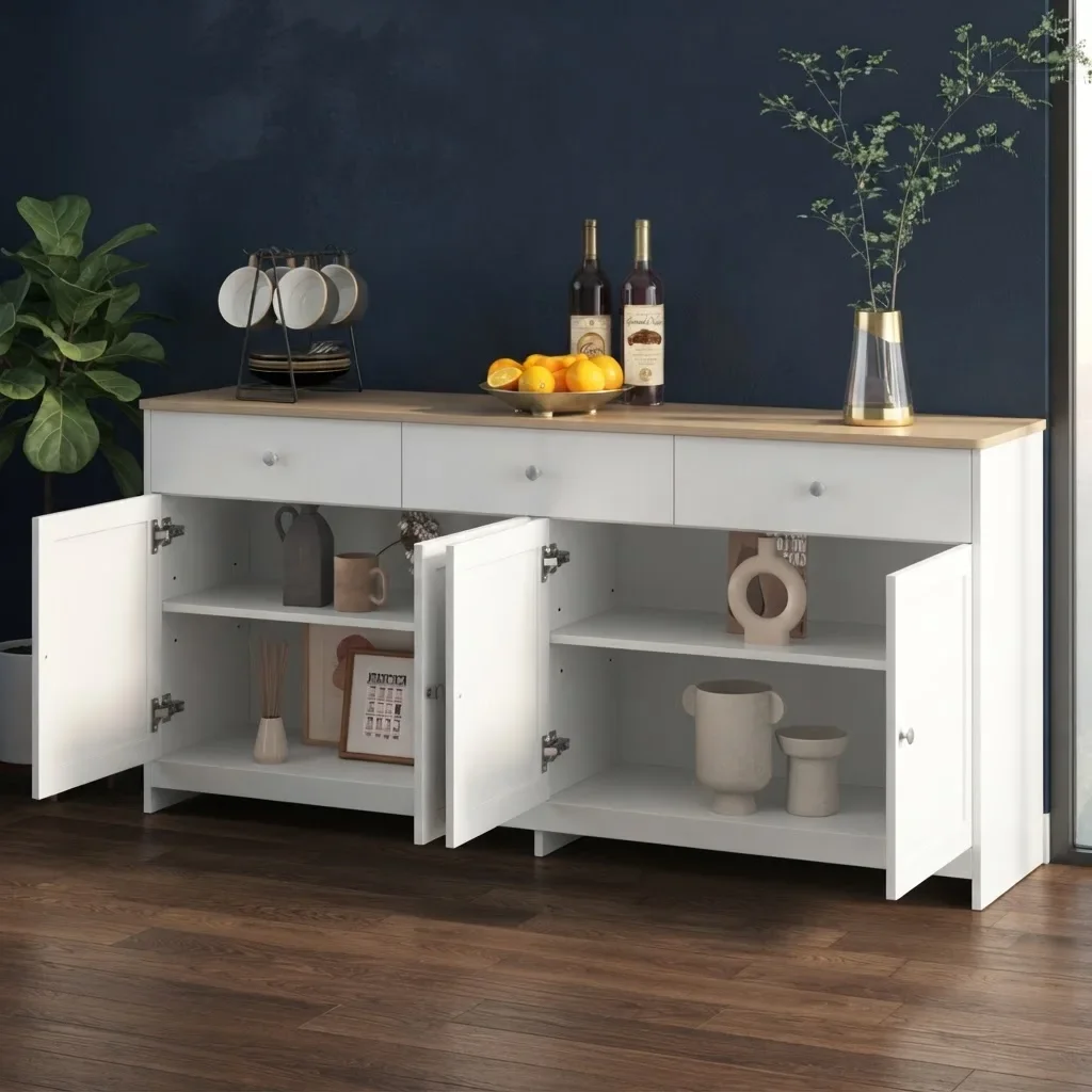 Anajqaqia, mobile da soggiorno, dimensioni 160×37×75 cm, con 4 ante e 3 cassetti, credenza, mobile contenitore, bianco.