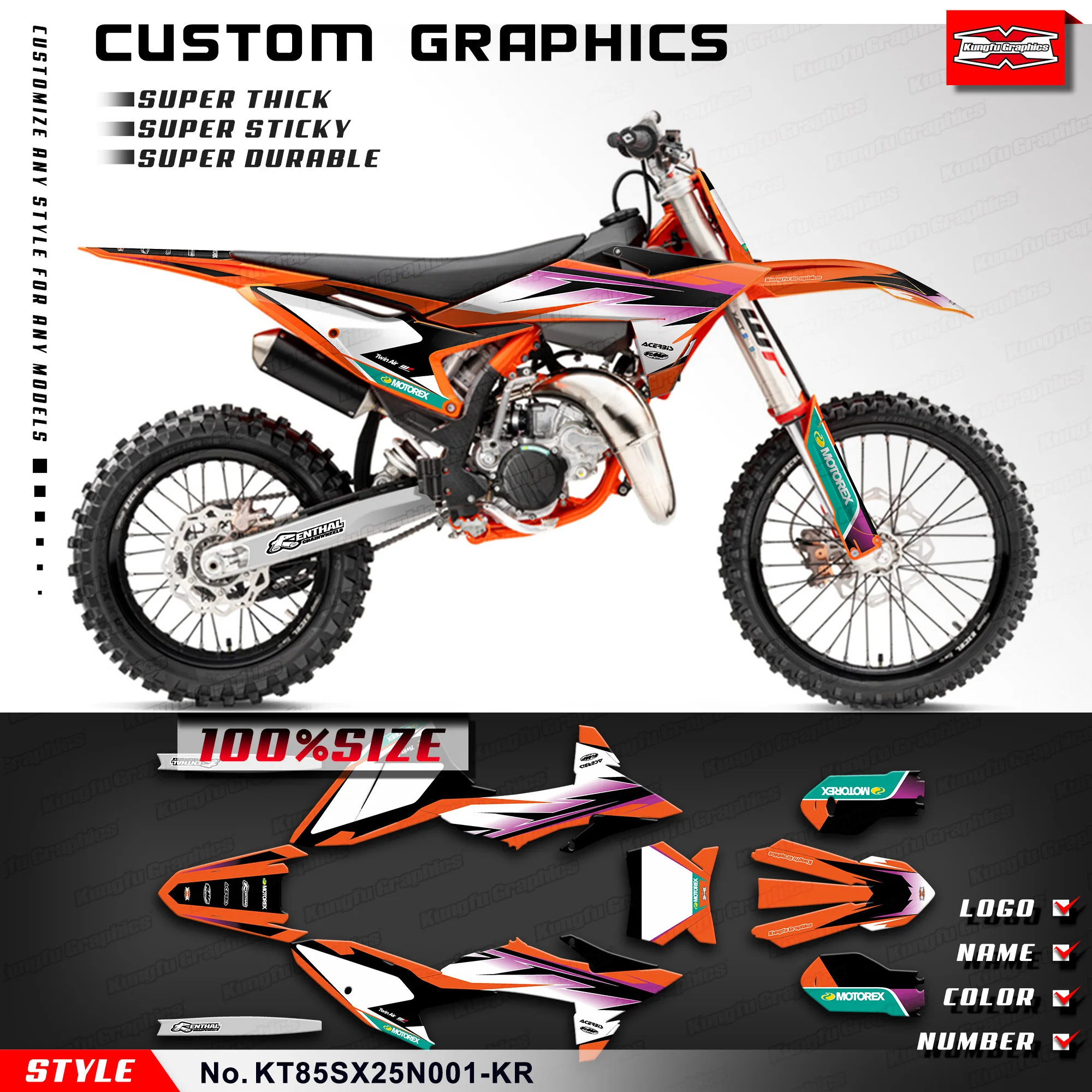 

Наклейки для мотоциклов KUNGFU GRAPHICS Racing для KTM SX 85 SX 2025 2026, восстановление, KT85SX25N001-KR