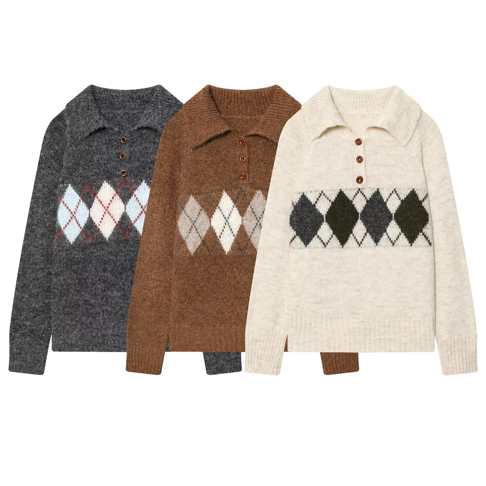 

WOMAN 2026 summer new fashionable casual raglan sleeve diamond knit sweater retro versatile women's pullover top Mujer chic