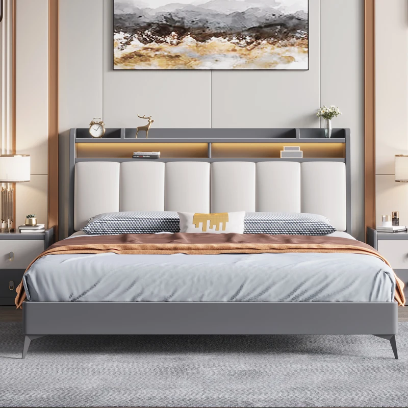 #Scandinavian Wood Bed Simple Modern Master Bedroom Light Luxury Backrest Soft Package Double Bed Large and Small Households