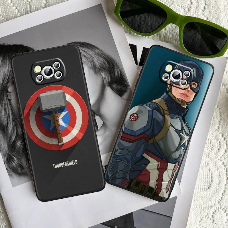 Captain America Superhero Phone Case For Xiaomi Mi Poco X5 X4 X3 M5 M5S M4 M3 F5 F4 F3 F2 C40 Pro GT NFC 5G Black Cover