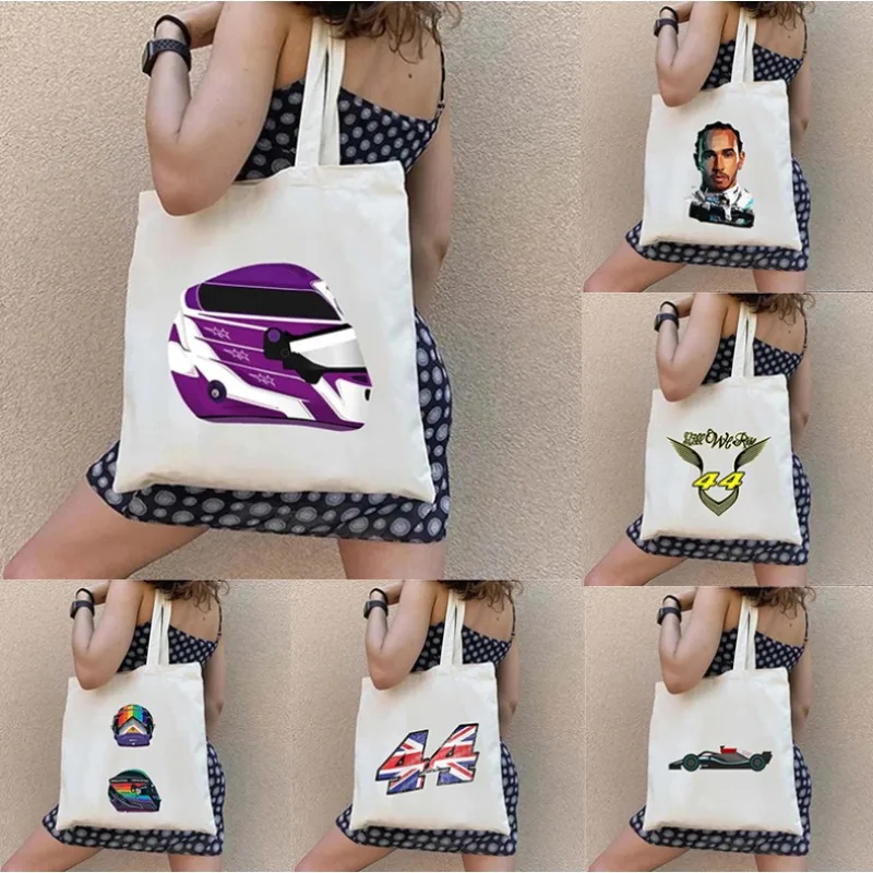 

F1 Racing Women Canvas Tote Fashion Lewis Hamilton 44 Pride Helmet Shoulder Bag Eco Large Capacity Portable Travel Shopping Bag