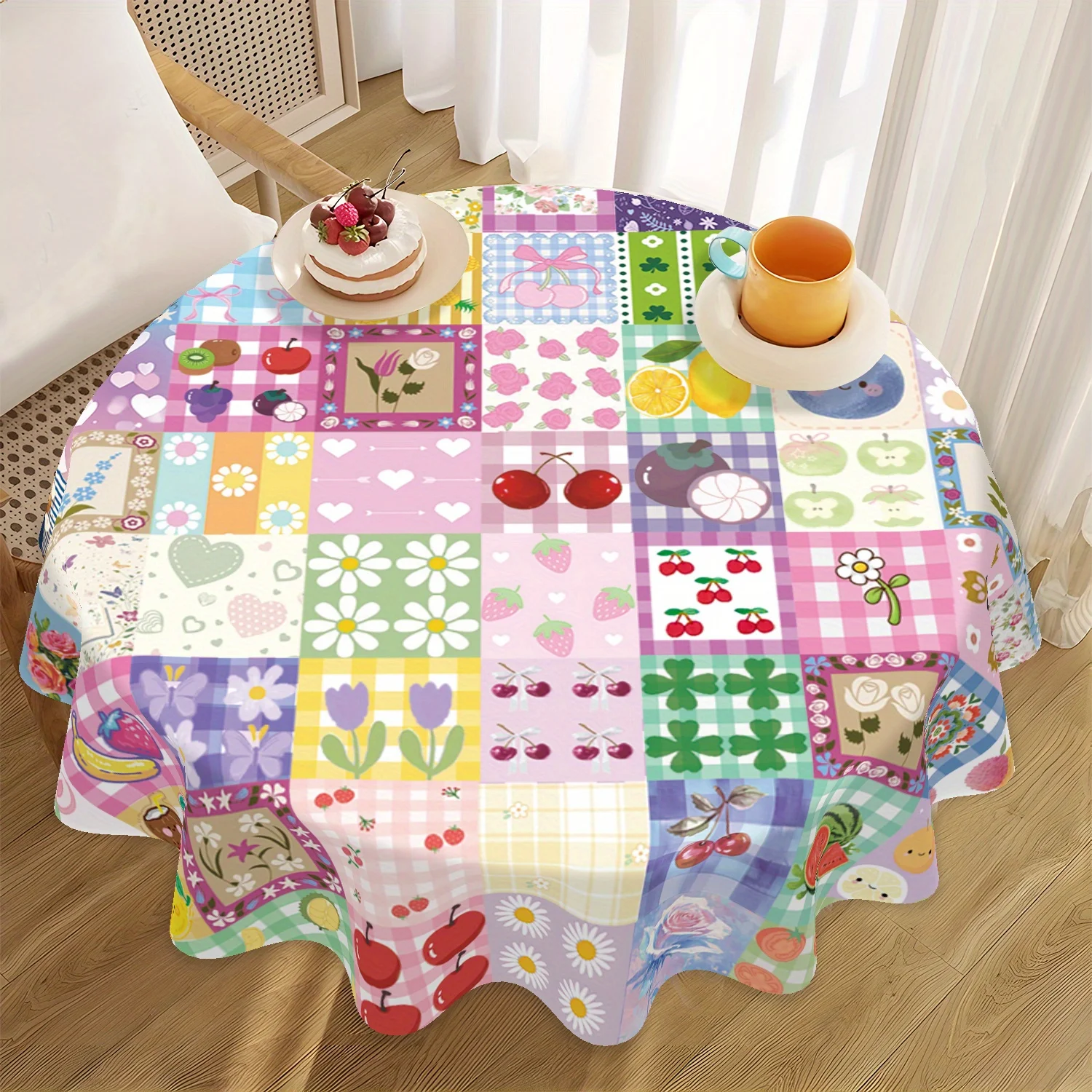 1 piece summer flower fruit puzzle pattern tablecloth polyester machine washable for dining table kitchen picnic party