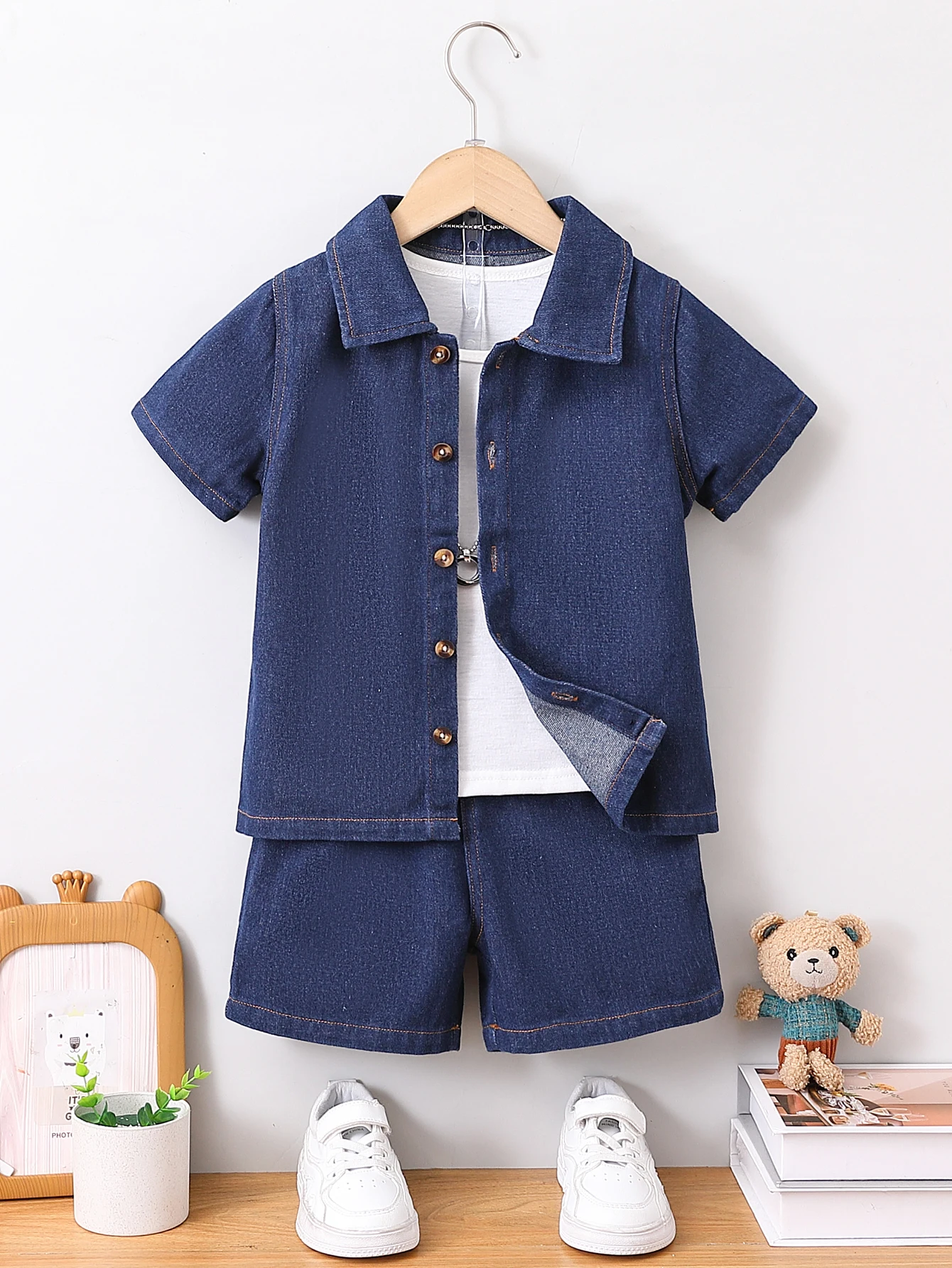 2pcs Summer Boys Denim Short Sleeve Set, Daily Wear/Outdoor Play/Casual School, 3-6Y Boys, Turn-Down Collar Shirt + White Tee