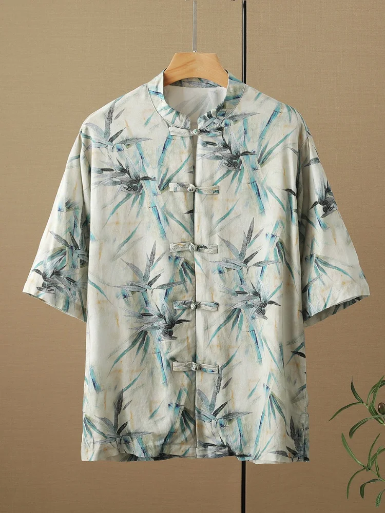 

Новая мужская рубашка в китайском стиле, летняя, тонкая, из льна, с коротким рукавом, с вышитым воротником, хлопково-льняная, в стиле Тан, Ханьфу, из ледяного шелка