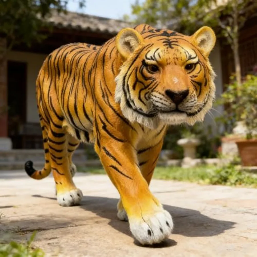 Outdoor garden statue: lifelike walking tiger sculpture, 33.46 resin, realistic brown finish, weather-resistant wildlife decor