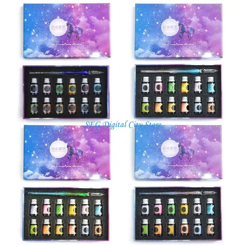 

U75B Creative Dip Pens Gradient Glass Dip Pen Set with 12 Colorful Inks for Art Writing Signatures Decora