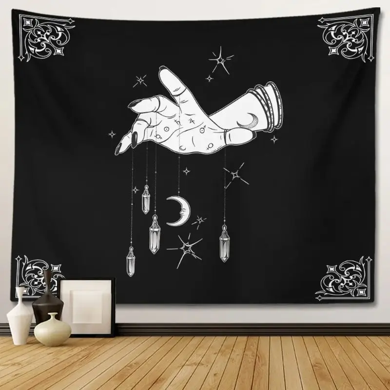 VIKAMA Witchcraft Palm Moon Rose Star Tapestry Celestial Black White Wall Hanging Bedroom Dorm Decor