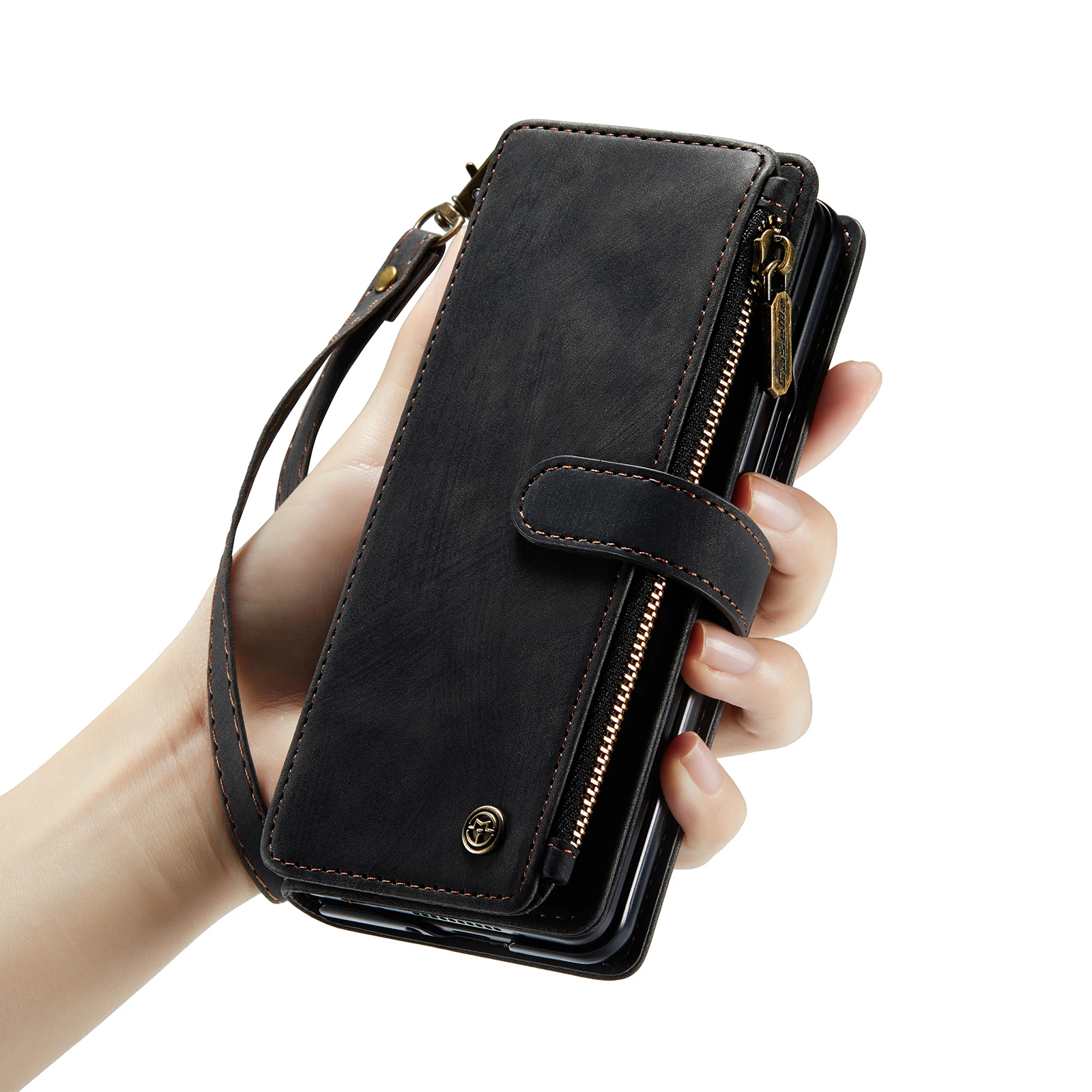 for Samsung Galaxy Z Fold 3/4 Wallet Case,Durable PU Leather Magnetic Wallet Flip Lanyard Strap Wristlet Zipper Card Holder Case