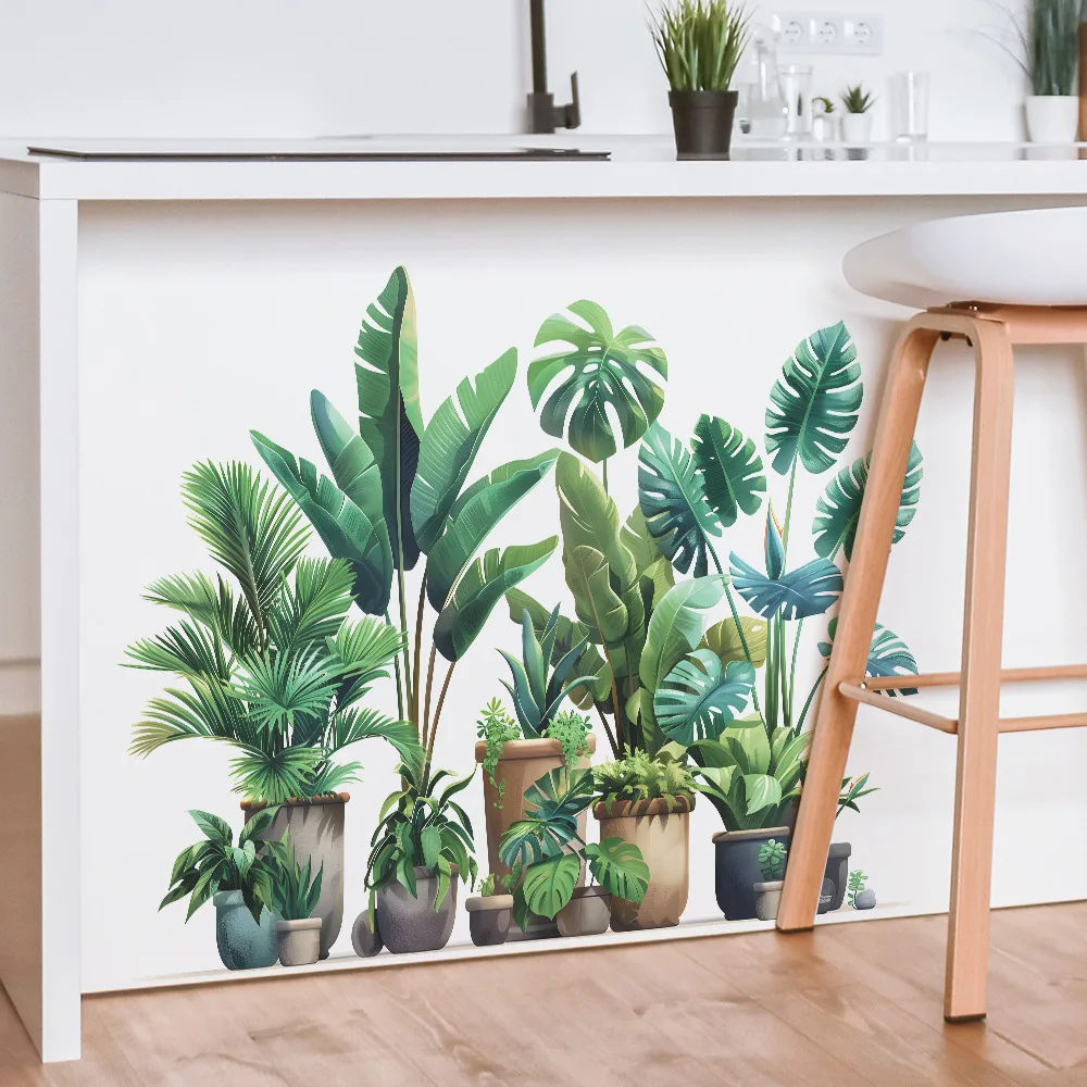 Tropical Potted Plant Wall Stickers for Living Room Bedroom Background Wall Decor Banana Leaf Wall Decals Bathroom Office Mural
