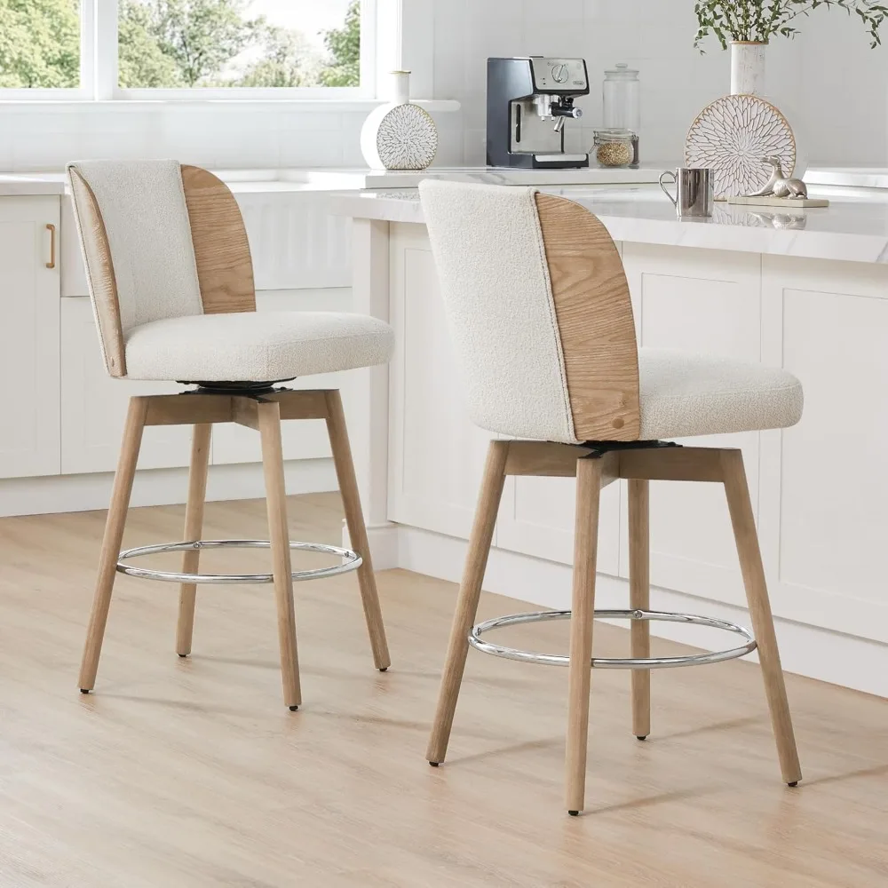 

Counter Height Bar Stools Set of 2, 360° Swivel Upholstered Barstools with Back Wood Legs, 26" H Seat Height