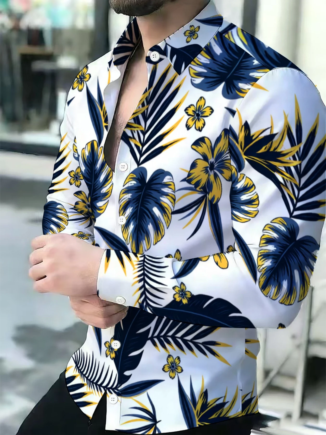Yellow Men'S Fashion - 하와이 스타일 남성용 라펠 칼라 셔츠
