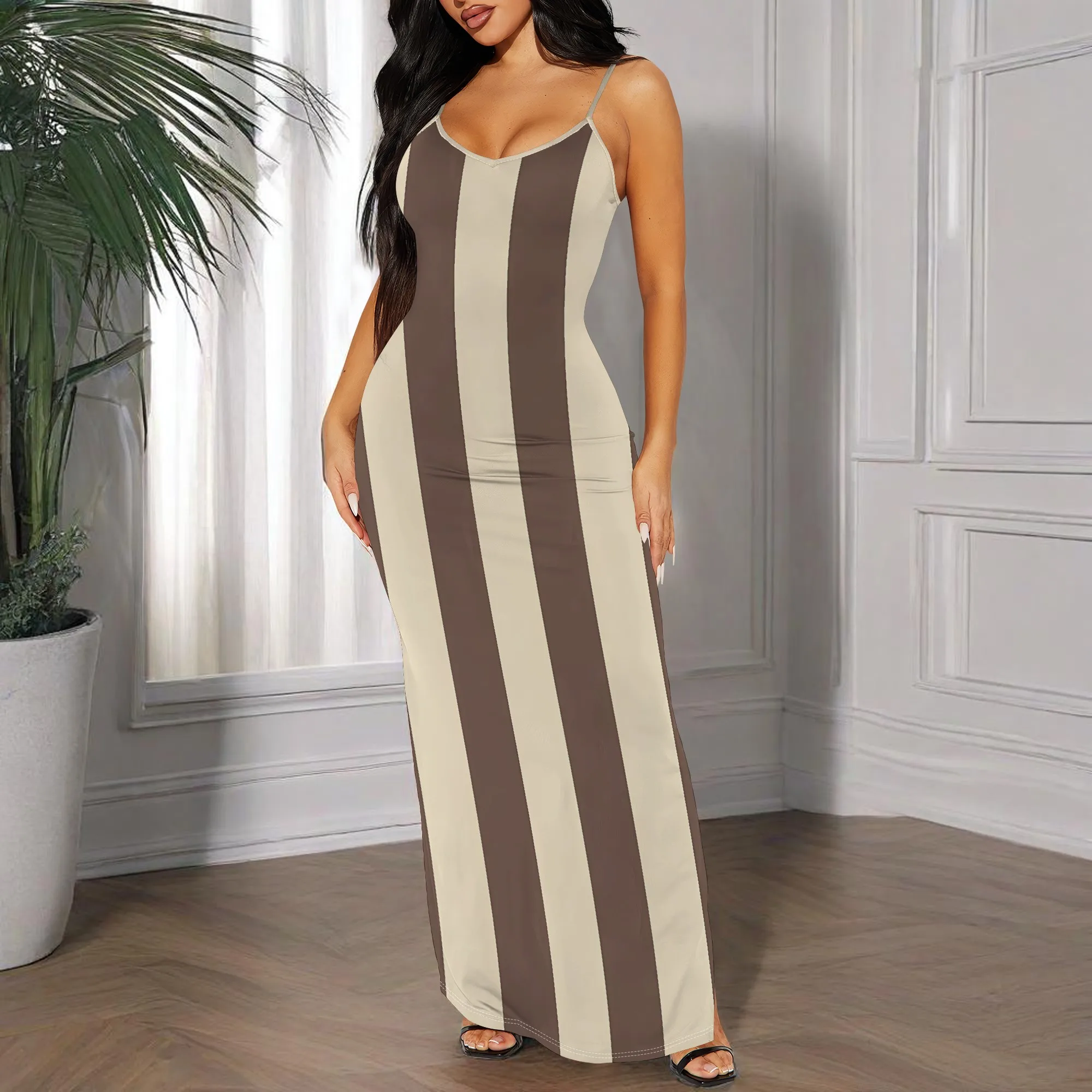 

Nupusa Striped Print Dress for Women Standard Size Summer Casual Spaghetti Strap Maxi Dress