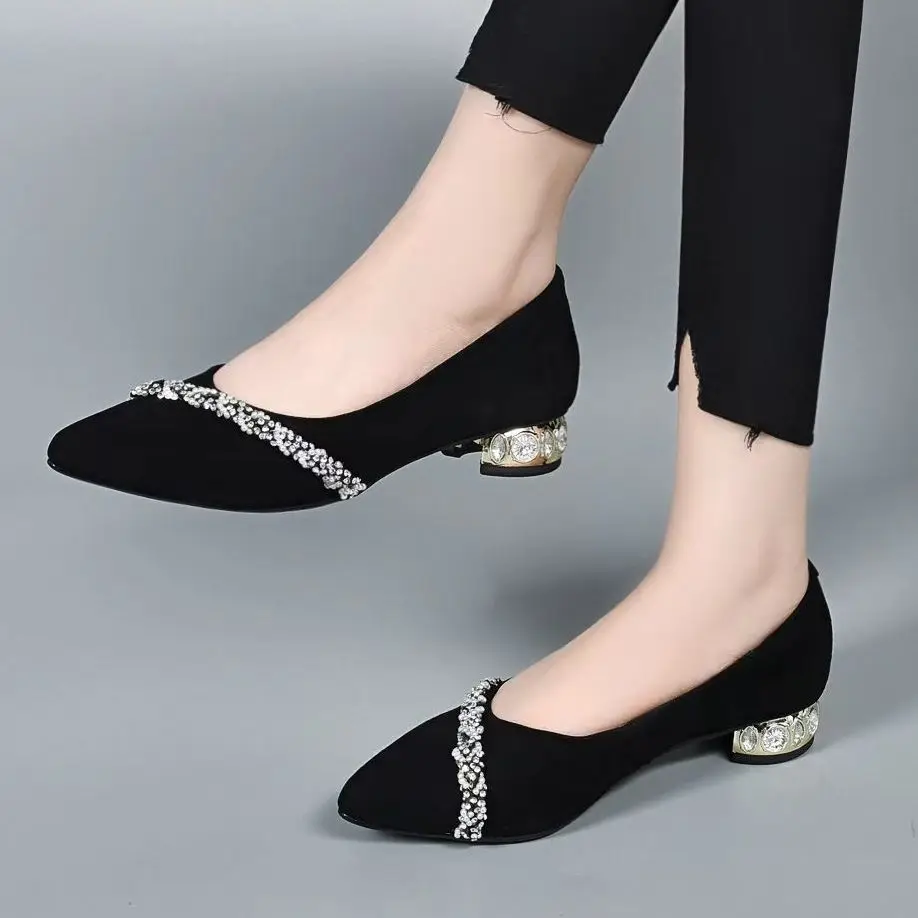 Women\'s Summer Footwear Diamond Shoes for Woman 2024 Rhinestone Office Low Heel Elegant with Crystals Black Stylish on Promotion