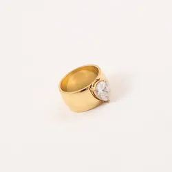 Luxury Big Zircon Stone Wide Wedding Ring Gold Plated Titanium Steel Ring for Women