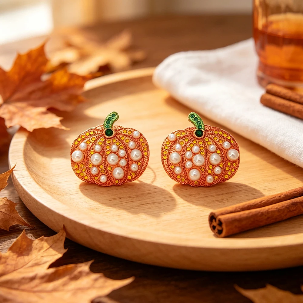 A Pair of Orange-Red Faux Pearl Pumpkin Earrings with Yellow-Green Colored Diamonds, Halloween Autumn Harvest Atmosphere Women's Earrings