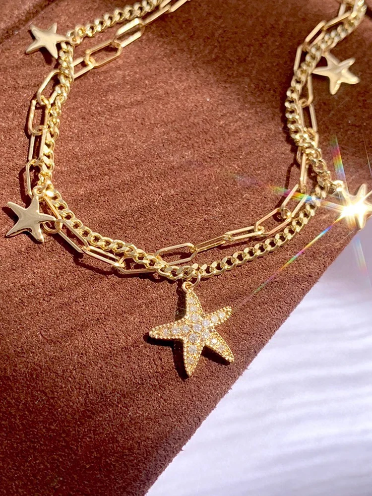 

Браслет-подвеска из стерлингового серебра 925 пробы с морской звездой, двухслойный элегантный женский браслет с цирконием, подходящий для повседневной носки, праздника