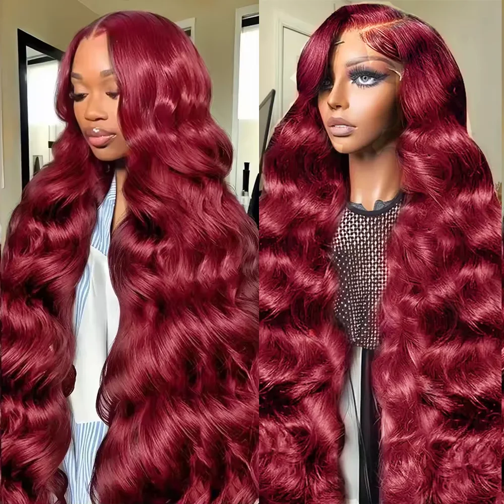 

200 Density Burgundy Body Wave 13x4 Lace Front Wig 99J 13x6 Human Hair HD Transparent 30 40 Inches Lace Frontal Wigs For Women