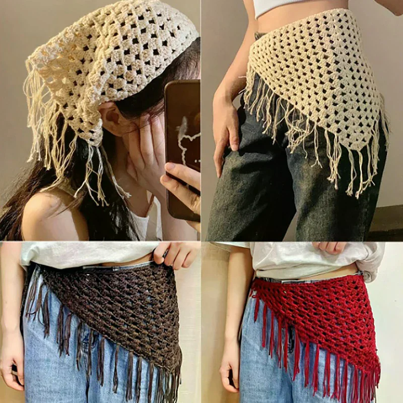 Y2k Hollow-Out Fringe Triangle Scarf for Women Spring Adjustable Layering Accessory Versatile Waist Hip Wrap Fashion Bandana