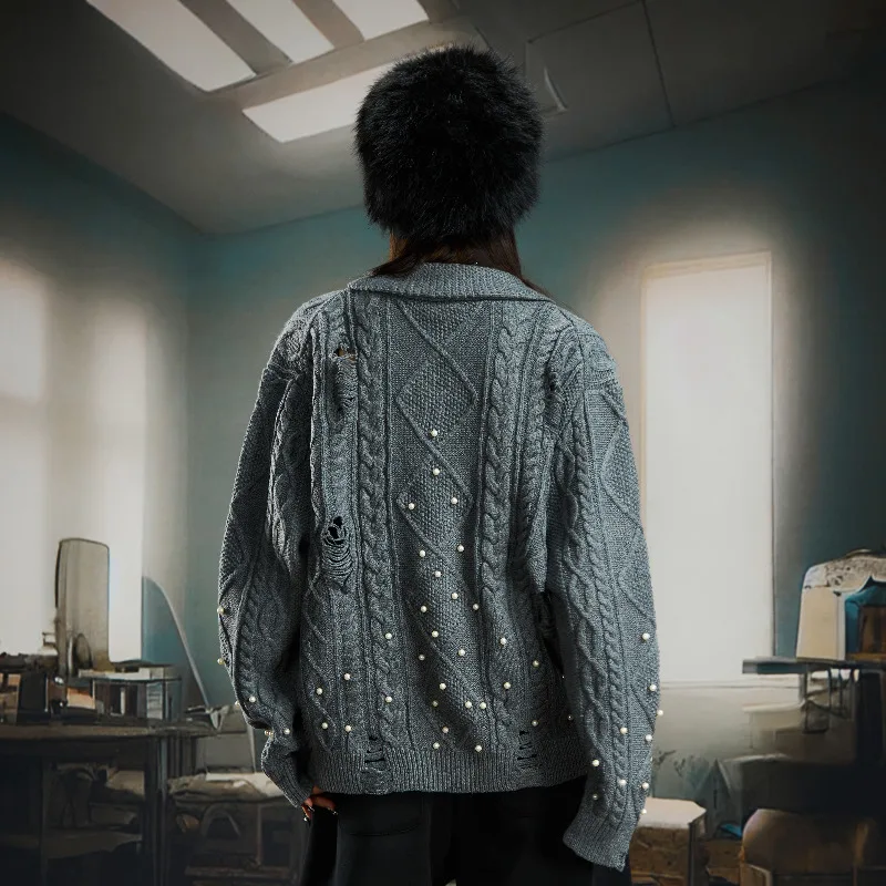 MWJLPWQ ビーズ装飾 ダメージ加工 ニッチデザイン 高密度ボタンニット カーディガン ターンダウンカラー セーター 秋 12541