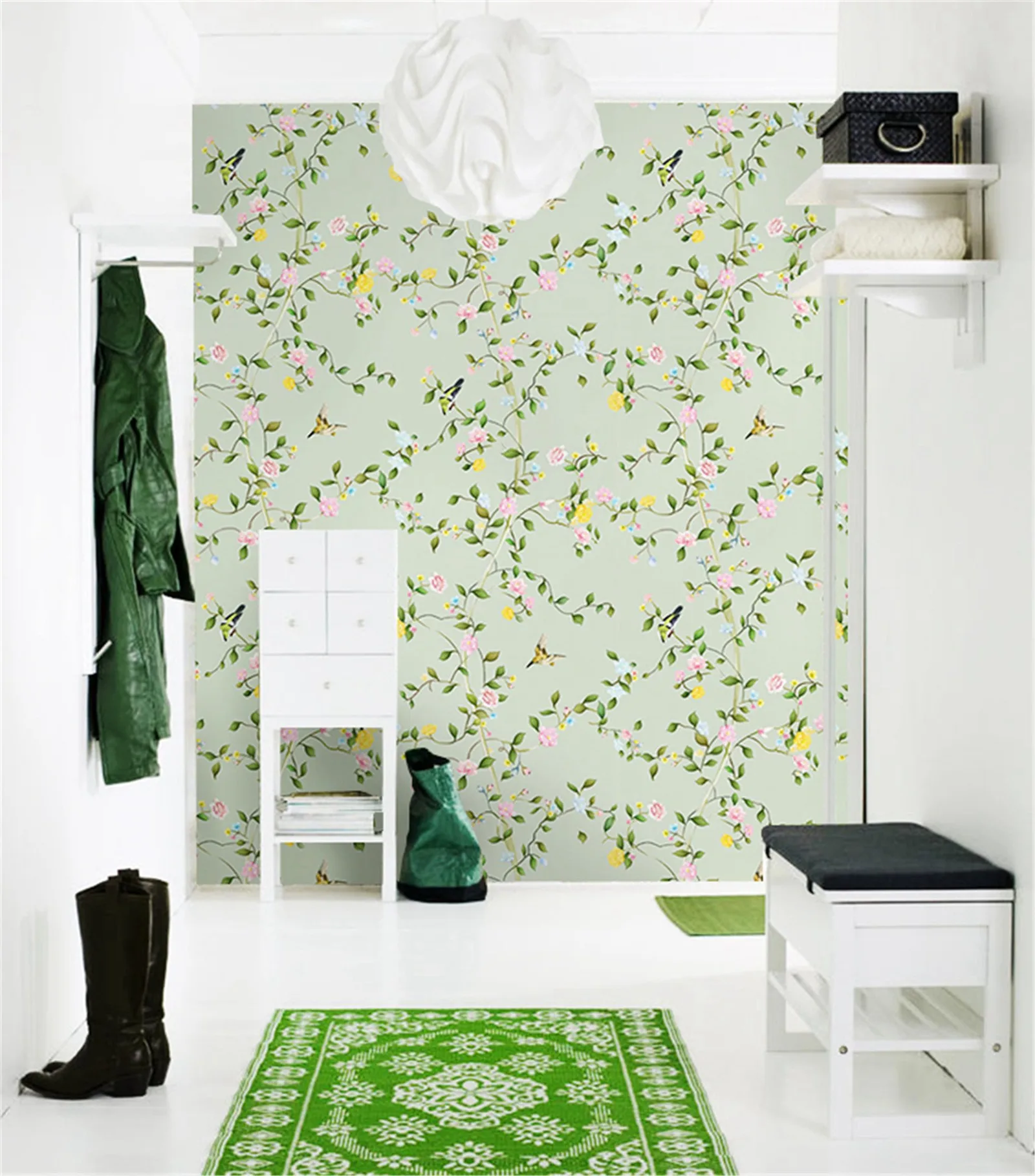 Spring Floral Wallpaper Peel and Stick,Green Plants Non-woven / Self-adhesive  Wallpaper ,Light Green Background Wall Paper