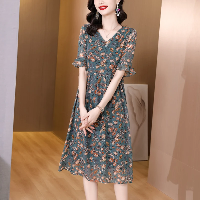 Floral Vintage Summer Mulberry Silk Dress For Women Midi Tunics Elegant 2024 Korean Fashion Casual Party Maxi Vestidos