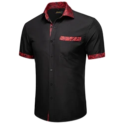 Camisas de manga corta de verano para hombres, camisa informal de Paisley negra y roja, diseño contrastante