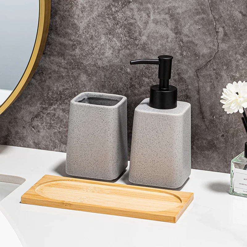 3Pcs Ceramic Bathroom Set Portable Toothbrush Holder Shampoo Bottle Dispenser Bamboo Tray Kit Bathroom Accessories
