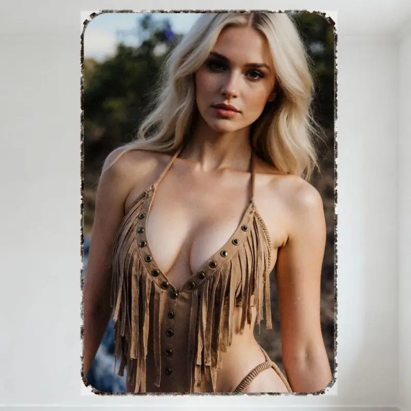 Vintage Retro Blonde Woman Halter Top Metal Tin Sign for Home Bar Man Cave Decor