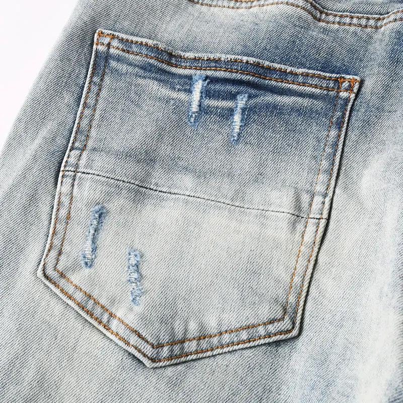 Y2K High Street Fashion New High Quality Men's Jeans Wrinkle Washed Nostalgic Perforated Light Blue Jeans Hip Hop Brand Splicing